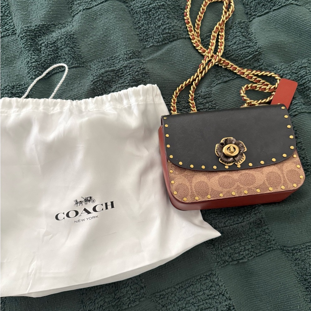 Coach Colorblock Crossbody Bag in Black, Brown & Red with Gold Chain